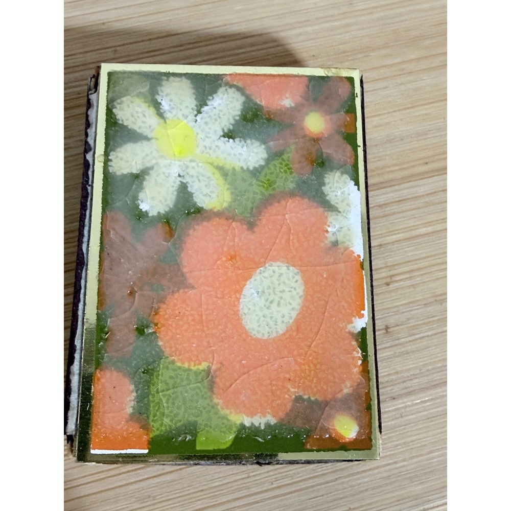 Vintage Floral Wooden Matchbox Retro 60s 70s Orange Daisy Pink Tip Matches